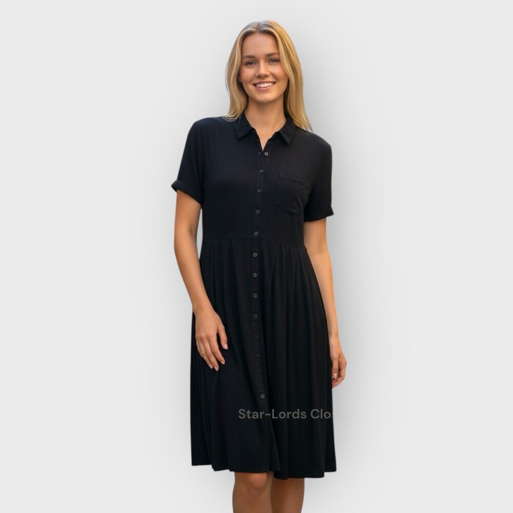 Lulus Tango In The Night Midi Dress Medium Black Short Sleeve Collared Button Up